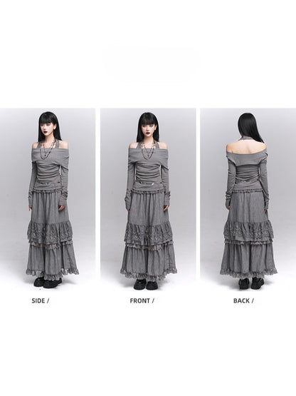 Lace Gray Two-Piece Faux Top Halter Trim with Neck Convertible Gothic Cowl