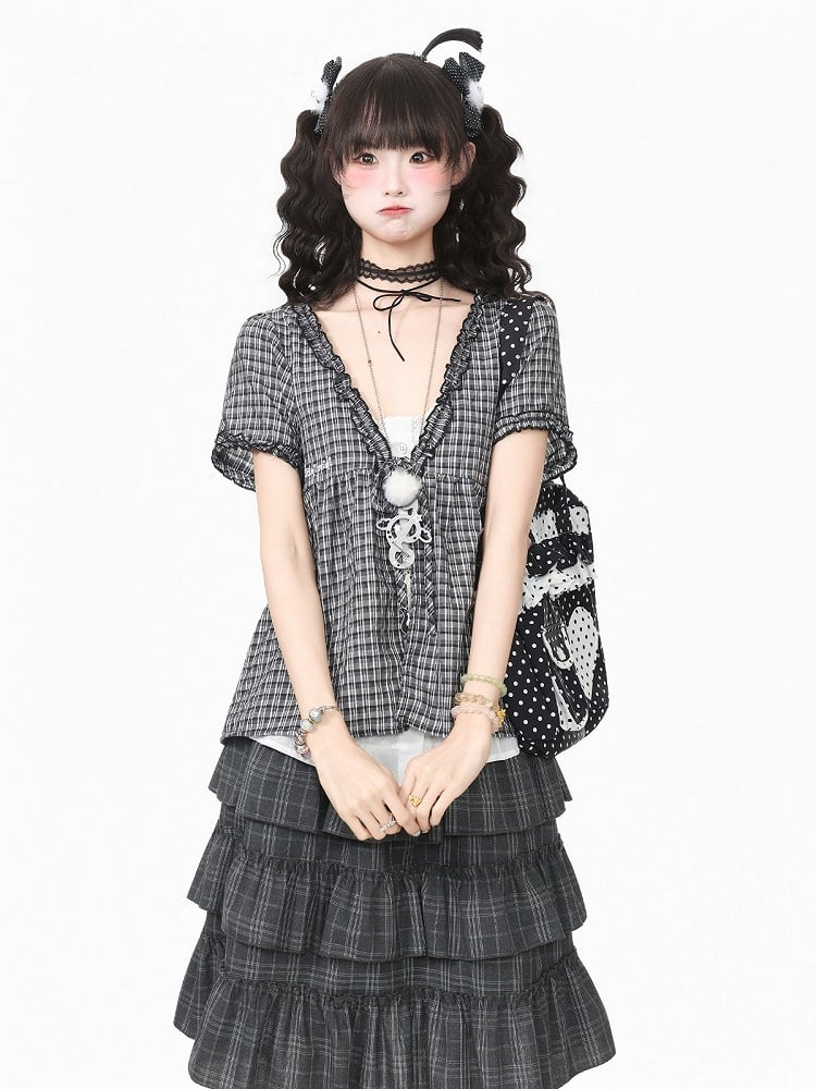Gray Plaid V Neck Short Sleeve Top - Languid Park
