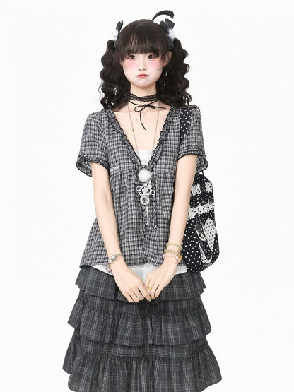 Gray Plaid V Neck Short Sleeve Top - Languid Park
