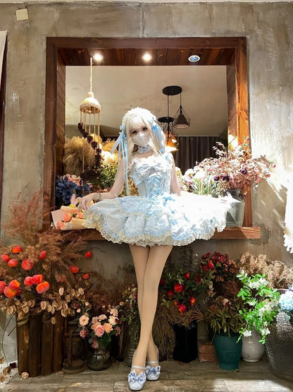 Blue Lolita Bow JSK Jacquard Apricot Doll-Style Lace Dress Floral with
