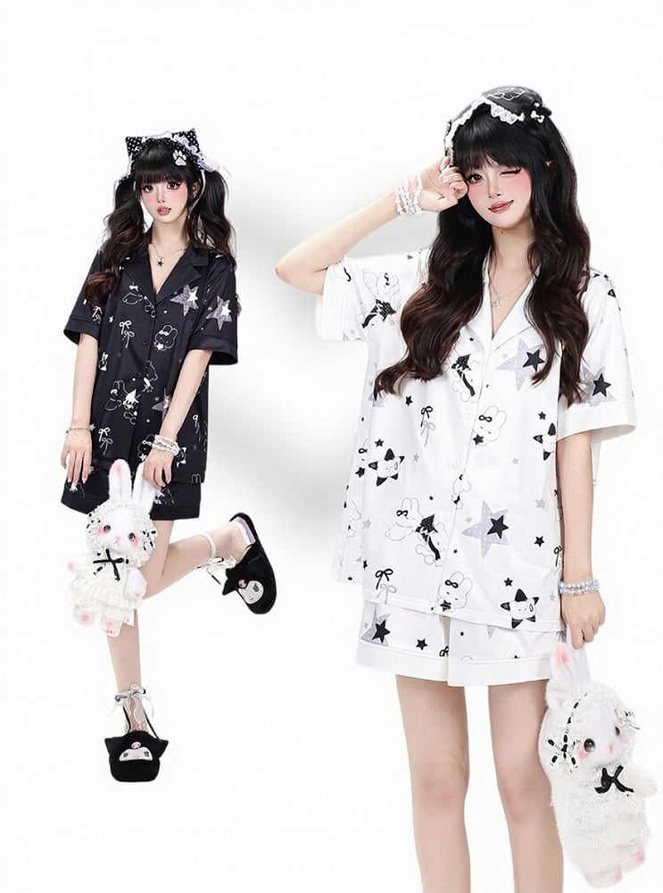 White Daily Kawaii Bunny Print Loungewear Set Short Sleeve Top Shorts - CRAZY GIRL