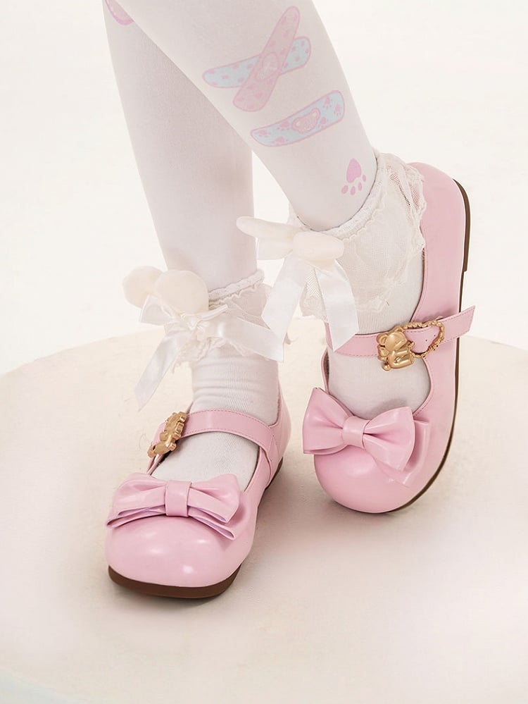 Pink Sweet Flats Bear at with Bow Heart Lolita Top Buckles Hugging