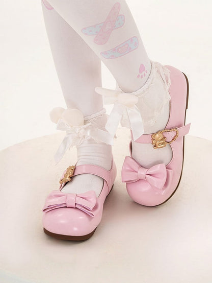 Pink Sweet Flats Bear at with Bow Heart Lolita Top Buckles Hugging
