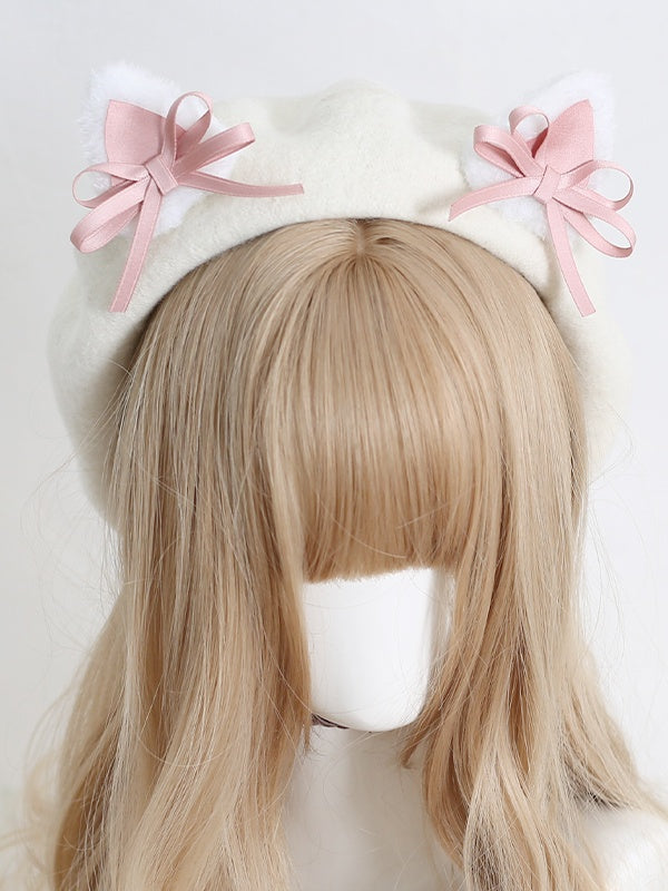 Colors Lolita Cute Off-white 11 Beret With Kitty Bowknot Ears