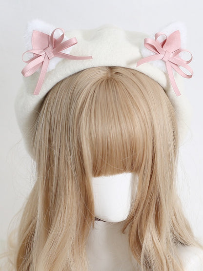 Colors Lolita Cute Off-white 11 Beret With Kitty Bowknot Ears