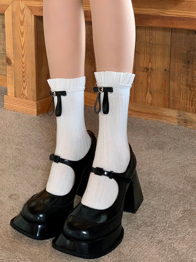 Black Bow Socks Mid-Calf / White Accent Balletcore