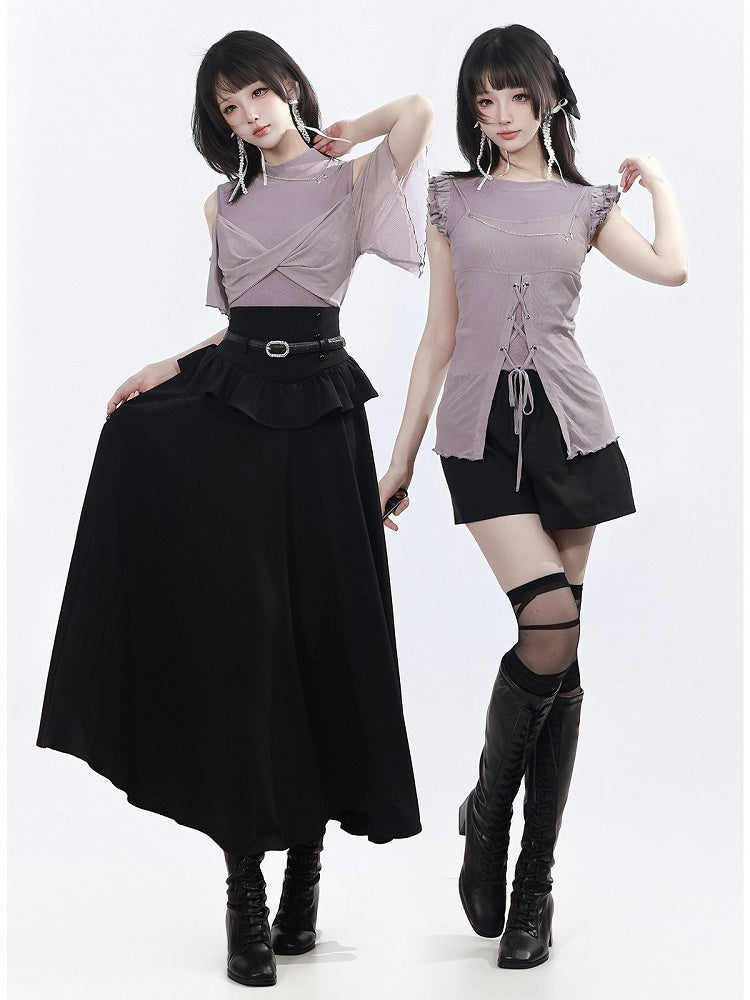 Black Ruffle Trim Long Skirt - PINK SAVIOR