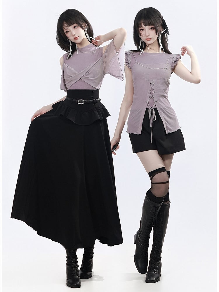 Dusty Purple Two-Piece Set: Flutter Sleeve Top and Split Cami - PINK SAVIOR