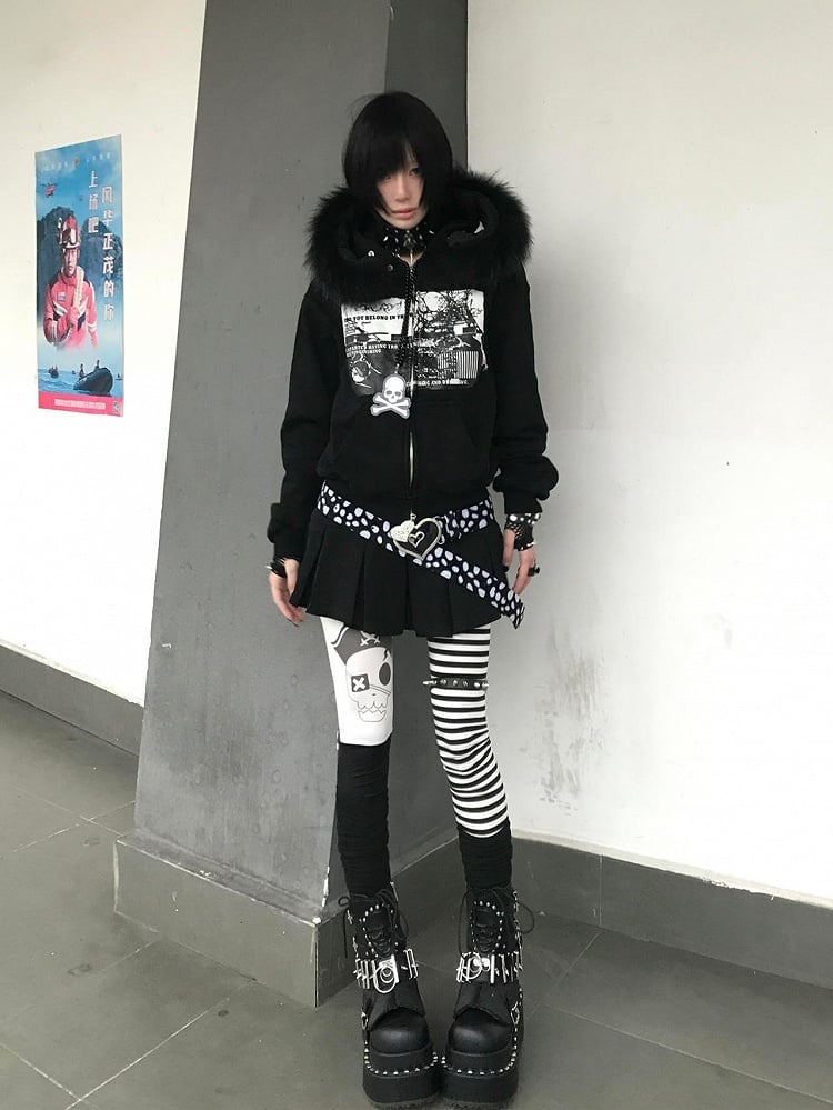 Hoodie Zip-up with Fur Black Print Y2K and Faux Graphic Trim