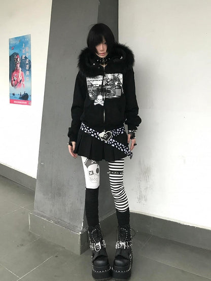 Hoodie Zip-up with Fur Black Print Y2K and Faux Graphic Trim