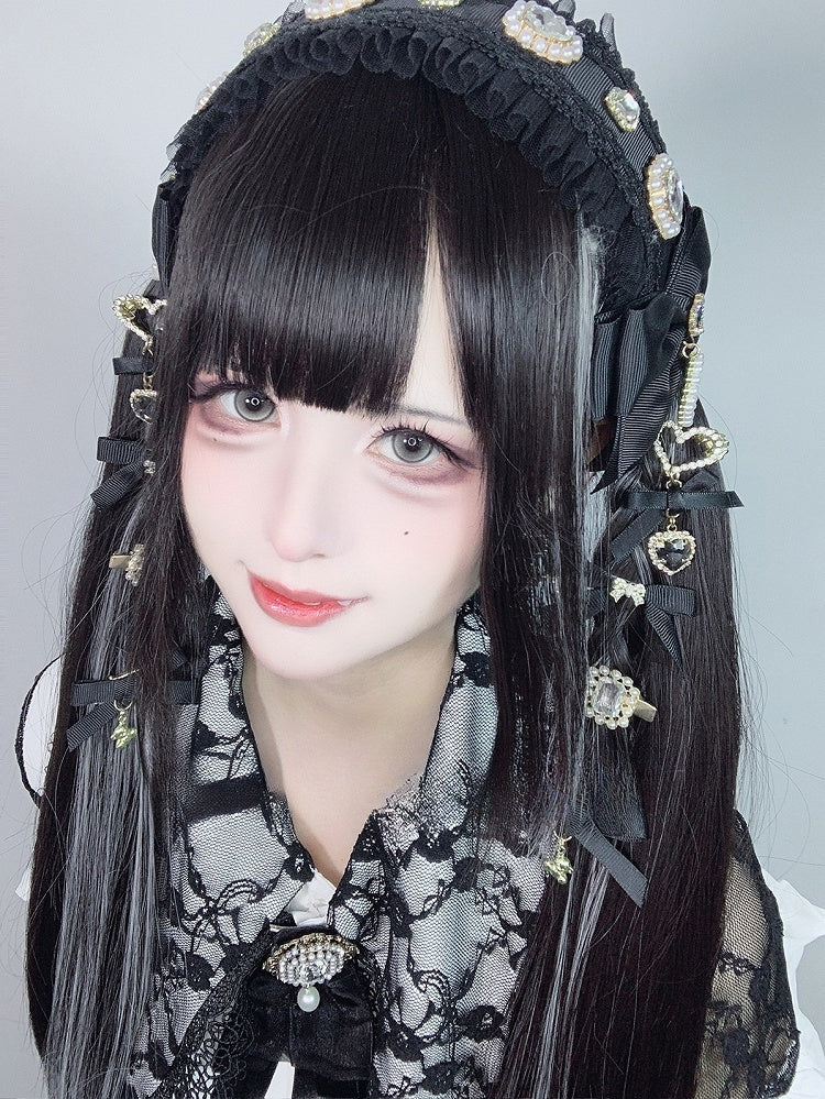 Highlight Pony mit Länge und Silber Perücke Schwarz 70CM Glatt