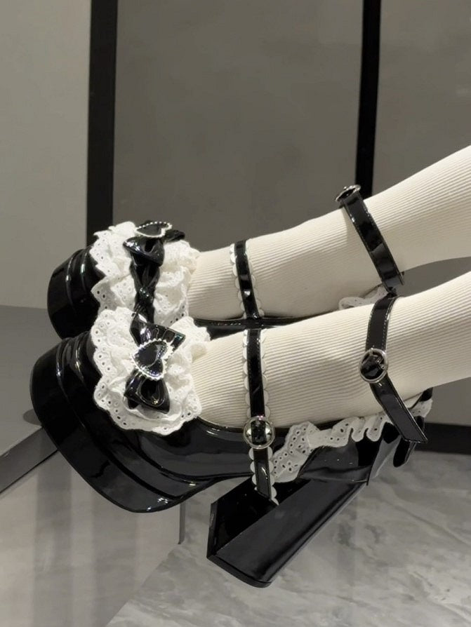 High Strap Platform Decor Block Black Bow Scalloped Lolita Heels with Sweet