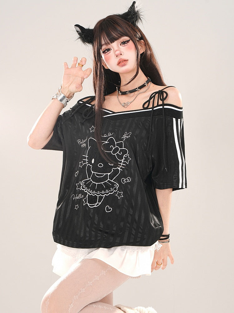 Schwarz/weißes Top mit schulterfreiem Ausschnitt und Kätzchen-Print