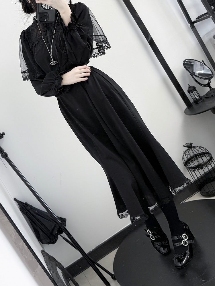 Black Sleeves with Illusion Jirai Dress: Silhouette Kei Neckline Cape Dark Mermaid