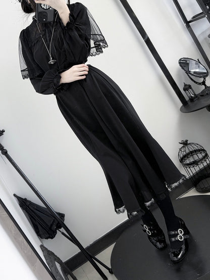 Black Sleeves with Illusion Jirai Dress: Silhouette Kei Neckline Cape Dark Mermaid