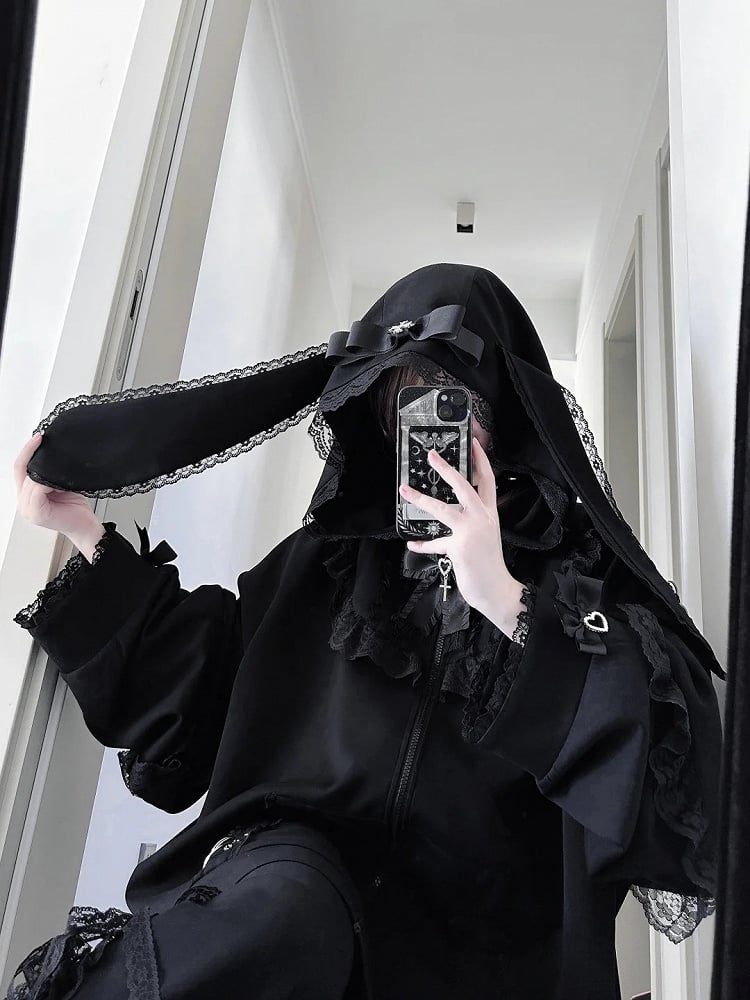 Jirai Black Tie Bow Hoodie Ear Zip with Lace Bunny Kei