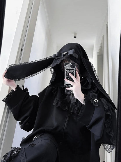 Jirai Black Tie Bow Hoodie Ear Zip with Lace Bunny Kei