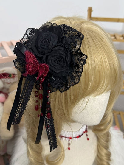 Floral Charms Decorated Red Bead Rose Butterfly With Black Hairclip