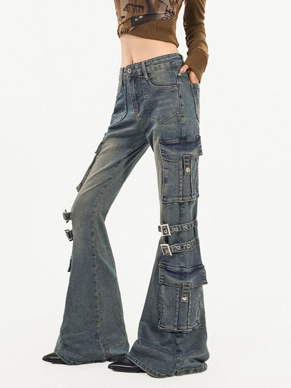 Blue Flared Jeans Slim-fit Denim Vintage Wash