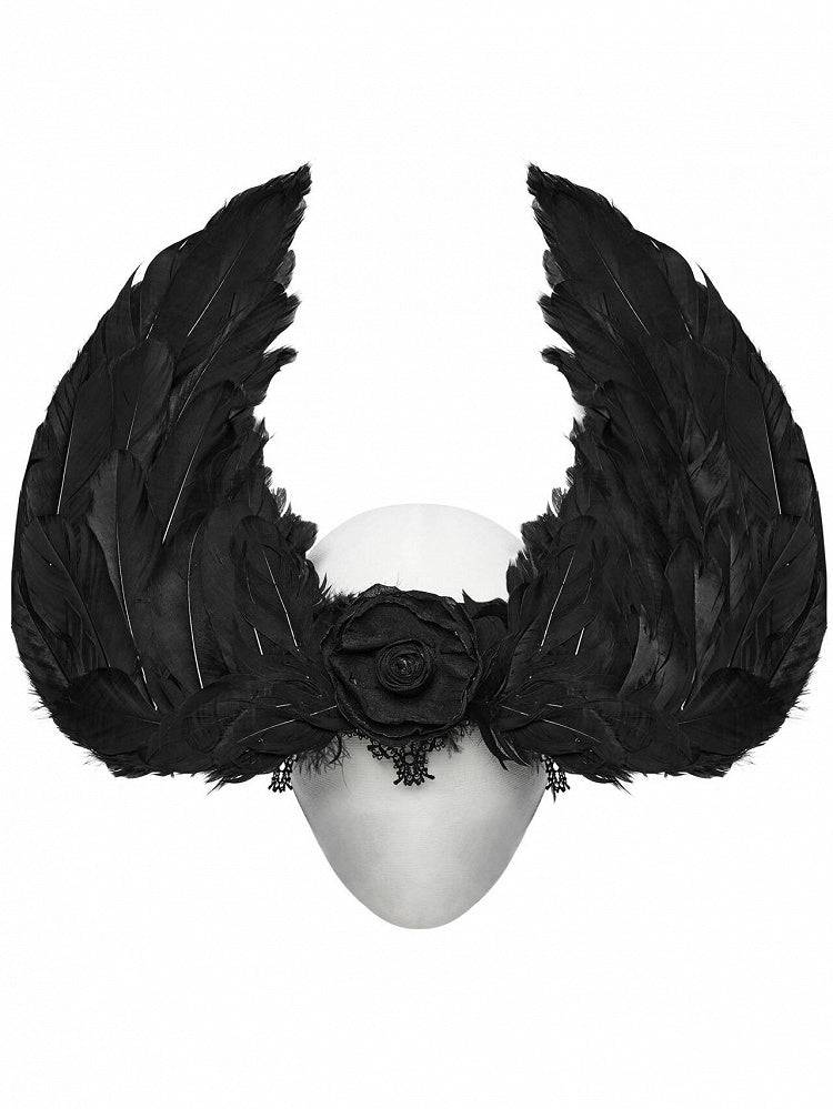 Dark Gothic Wing Hair Accessory with Detachable Lace Headband - Punk Rave