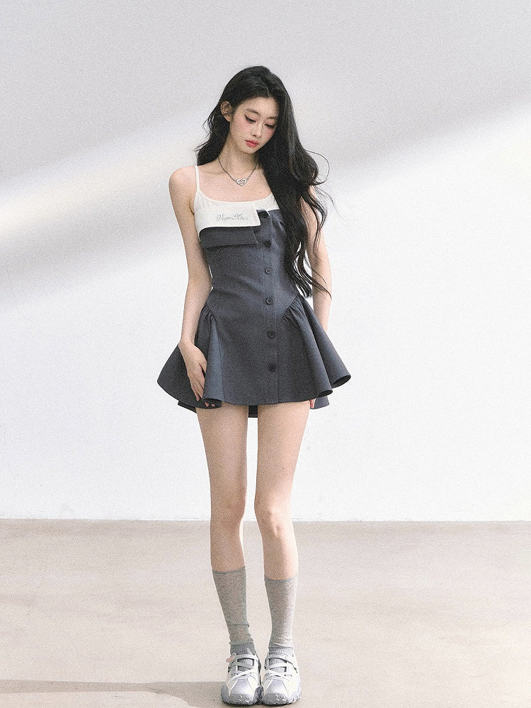 Faux Foldover Dress Two-pieces Spaghetti Gray Collar Strap