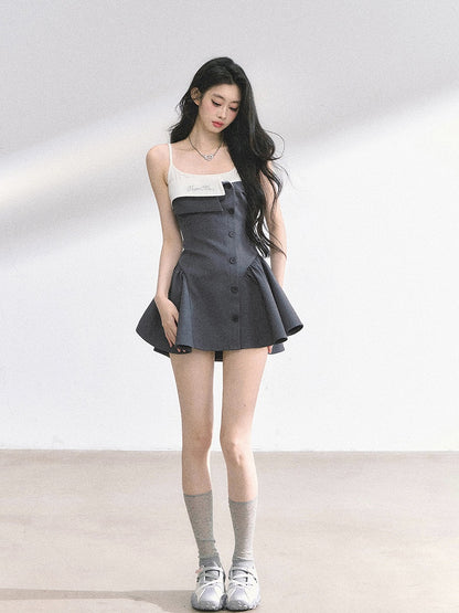 Faux Foldover Dress Two-pieces Spaghetti Gray Collar Strap