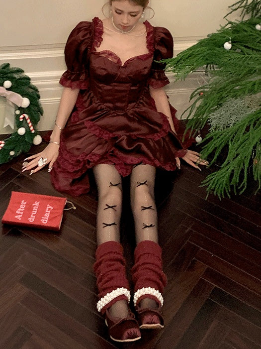 ビーズ付きフリル袖口ニットレッグウォーマー