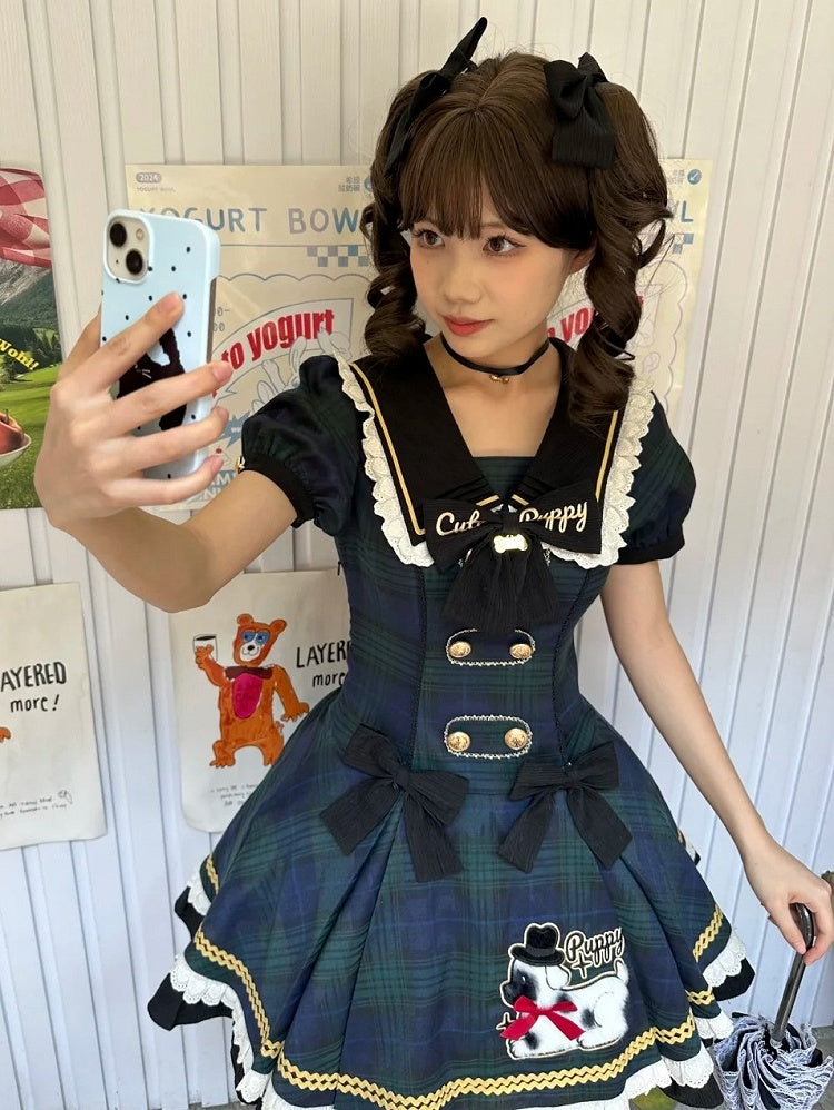 with Lace Plaid Trim Sweet Lolita Green and Black Dress Puppy Patch
