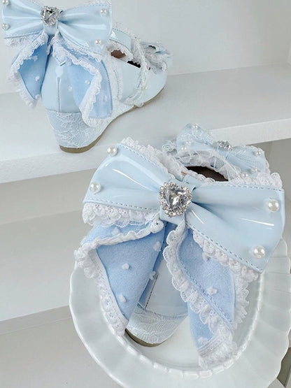 Light Blue Crystal Bow 5cm Slope Heel Shoes Elegant - Meng Ka Jiang