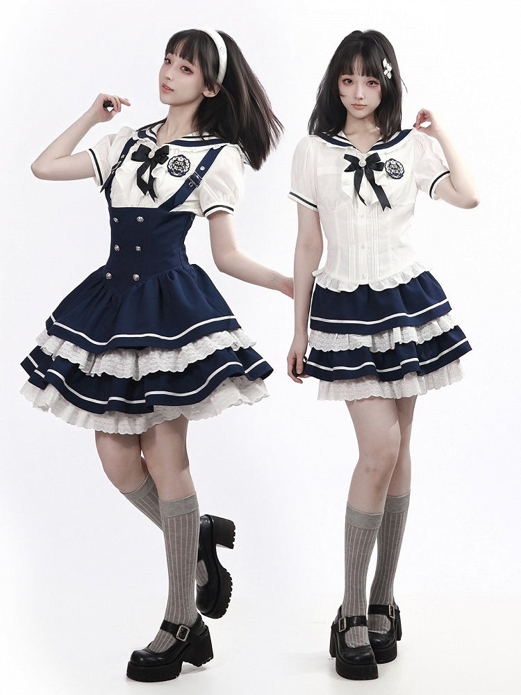 Navy Tiered Ruffle Overall Skirt with Lace Details - PINK SAVIOR