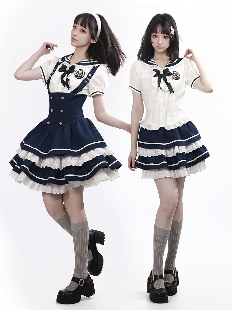 Navy Preppy Tiered Ruffle Skirt with Lace Embellishment - PINK SAVIOR