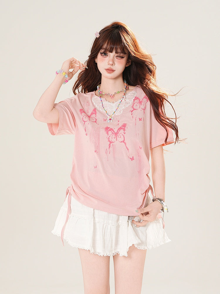 T-shirt Pink Neckline Lace with Drawstring Applique Print Side Butterfly