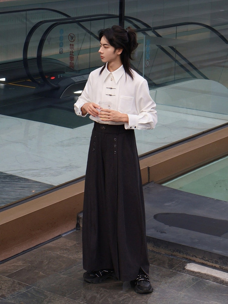 Long Sleeve Pleated Accordion Shirt in White with Metal Frog Button Accents - Feng Hua Gui Guo Ling