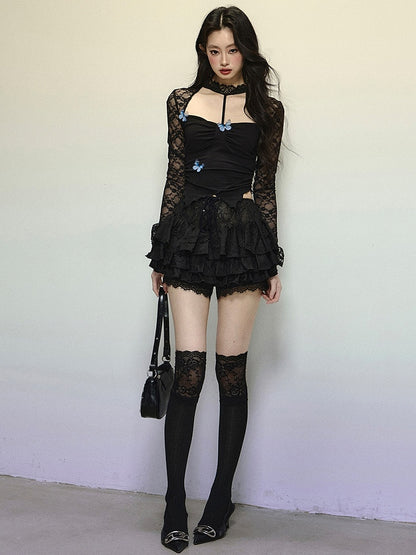 Black Butterflies Adorned Cutout Detail Halter Neck Top with Asymmetrical  Hem