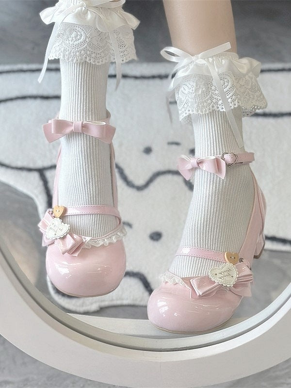 Snap Bow with Decor Lolita Shoes Sweet Pink Mid-heel Heart PU Round-Toe