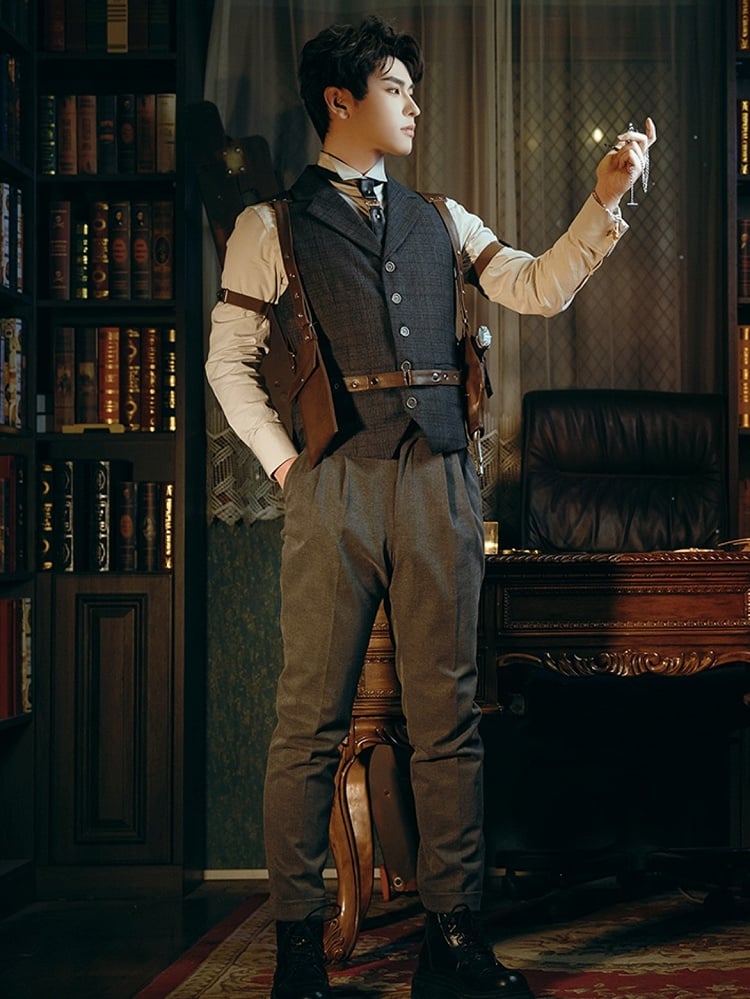 男性用スチームパンクダークパンツグレー