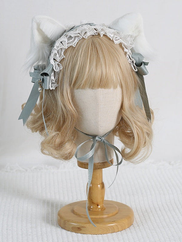 Beige White Sweet Bowknot Hairband Green Ears Cat With Lace Detachable Lolita / Pink