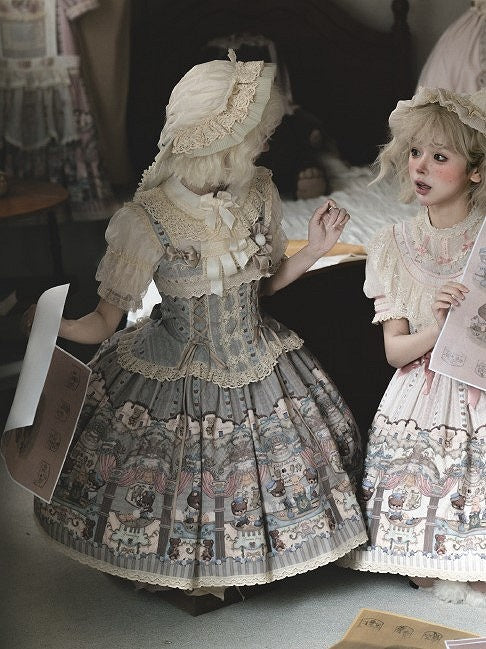 Beige Neckline with Blouse Lace-Trimmed Puff Sleeves