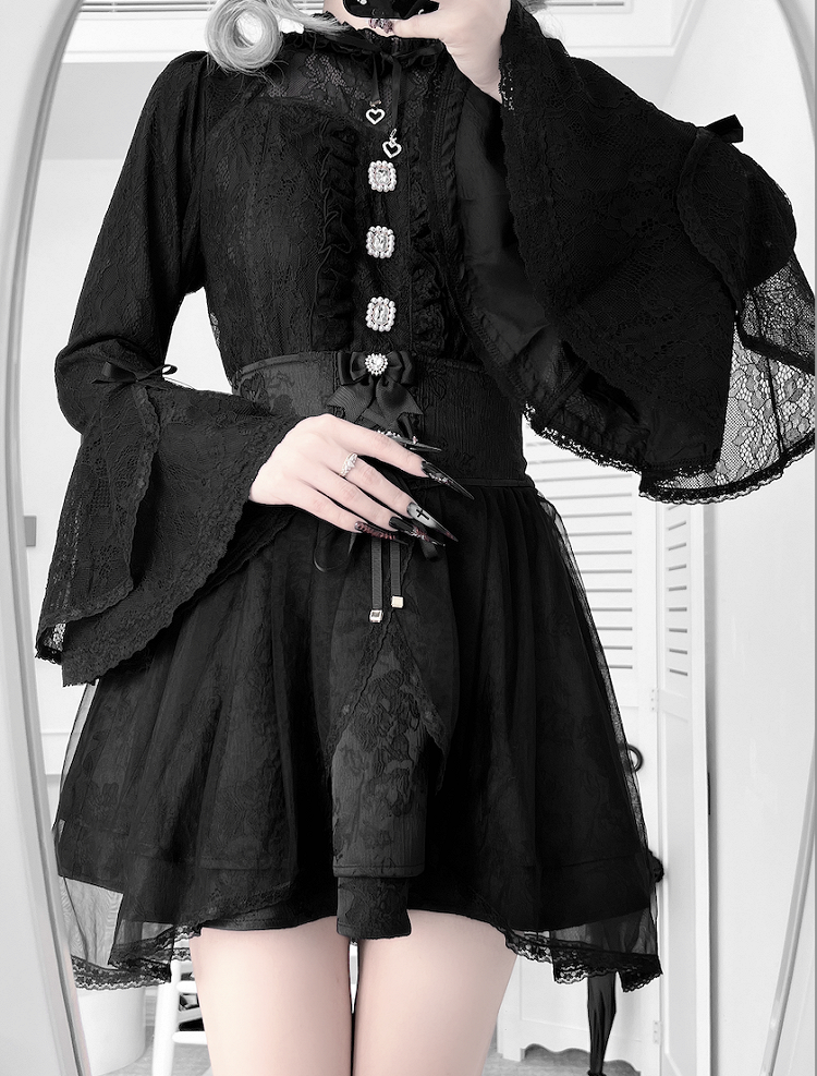 Kei Back with Skirt Black Bow Tie Overlay Detail Jacquard High-Waist Jirai