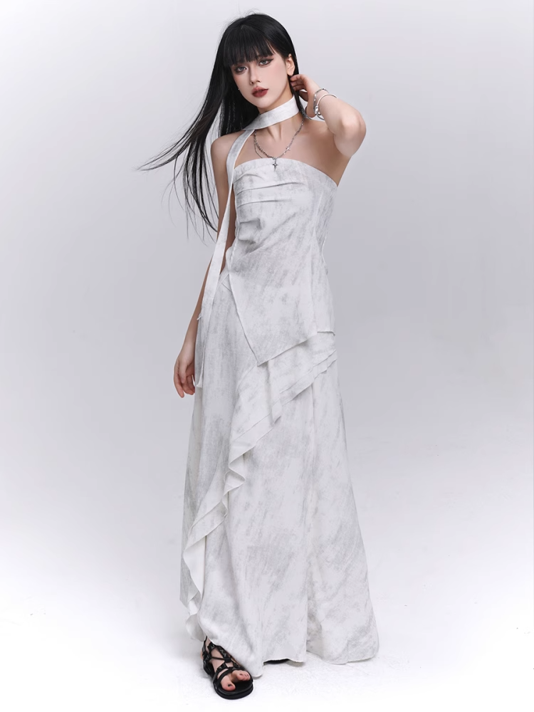 Off-white Side Strapless Top / Elastic Waist Scarf Slit with