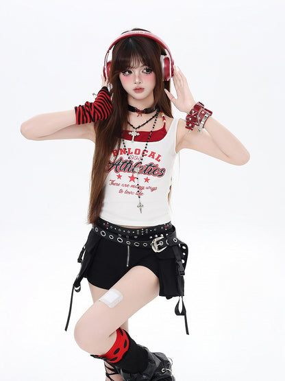 Faux Rot Navy Blau/Weiß Zwei-stück Tank Top Brief Drucken Vintage Glamourös