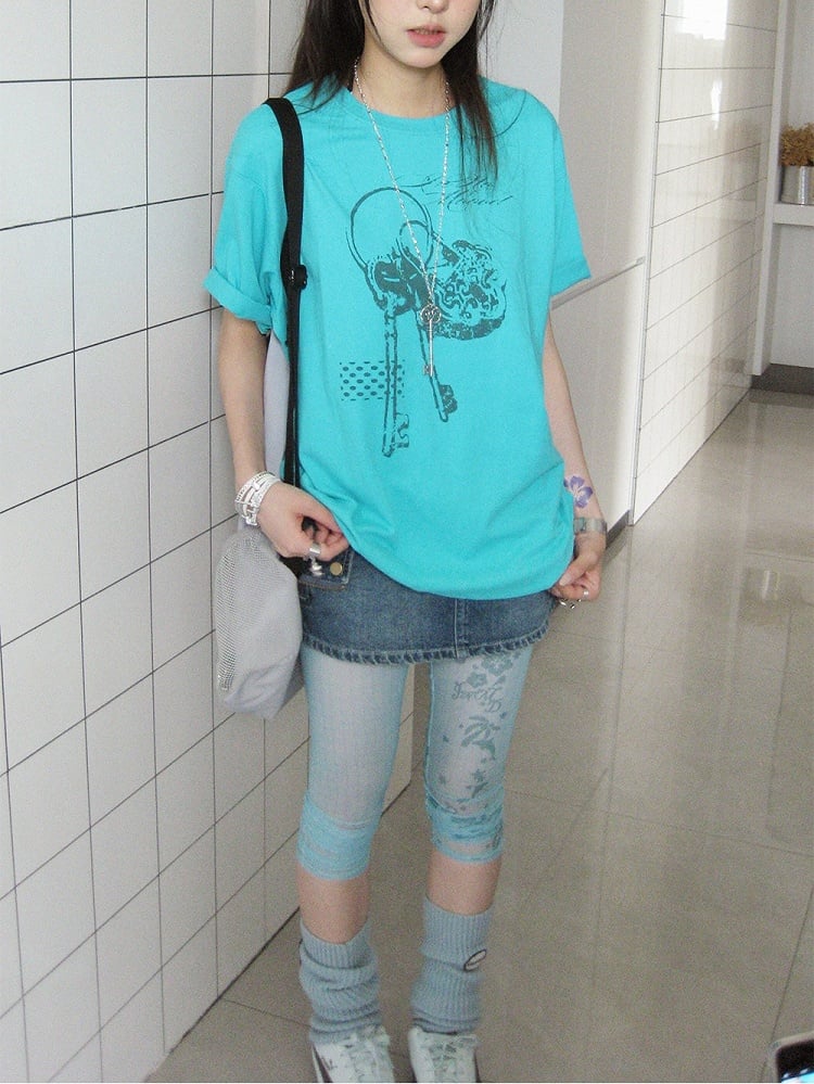 Casual Kawaii Cyan Round Neck Short Sleeve Tee with Key Print