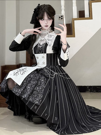 Chain+Pocket Chain+Detachable Collar Watch Embroidery+Waist Cross White Set Full Dress Striped with Nun Lolita Belt+Waist Black