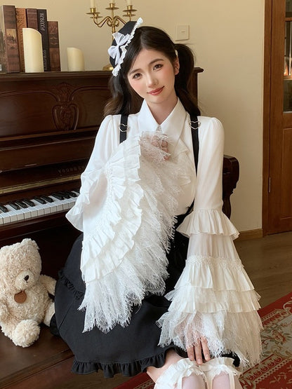 White Lolita Blouse with Layered Lace and Bell Sleeves - Lan Jian Chuan