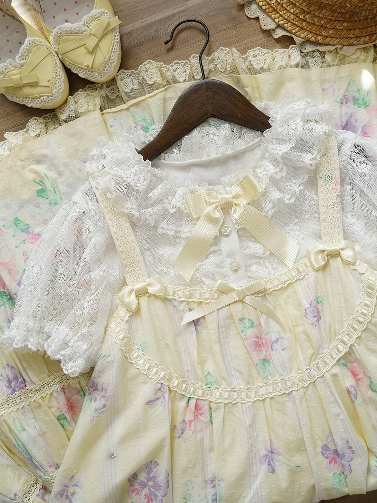 襟付きホワイトレイヤードチュールブラウスダブルショートロリータスリーブ