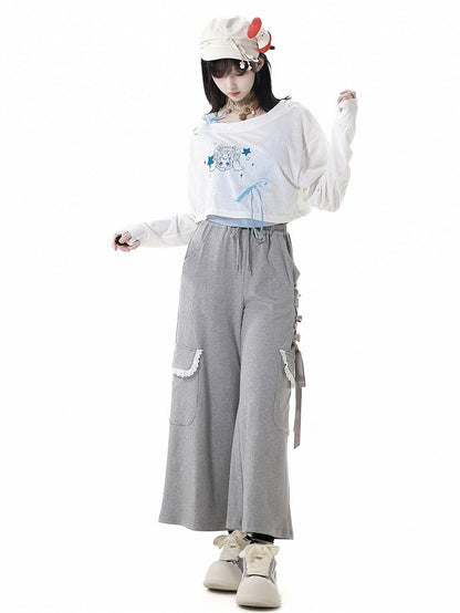 Graue Hose mit weitem Bein und Kordelzug in der Taille und seitlichen Schnürdetails