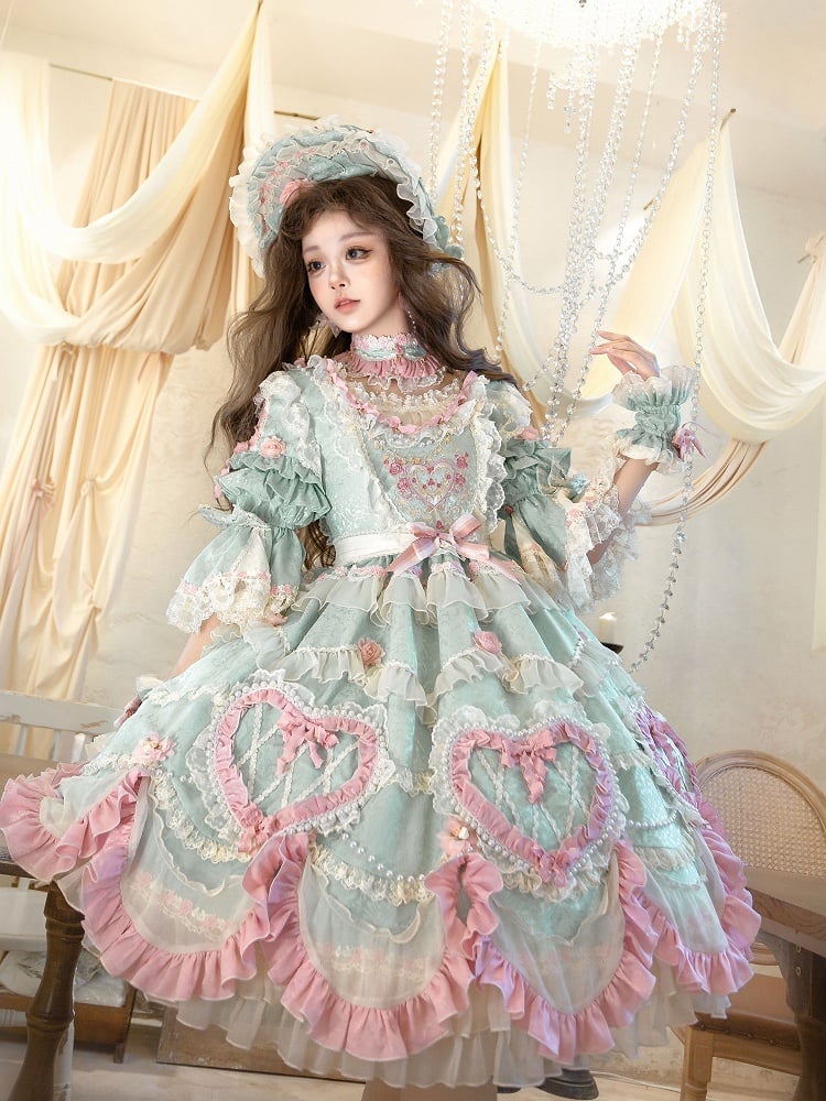Wunderschönes Hanayome Lolita-Kleid mit Rosettenstickerei und Perlenkettendetails in Mintgrün
