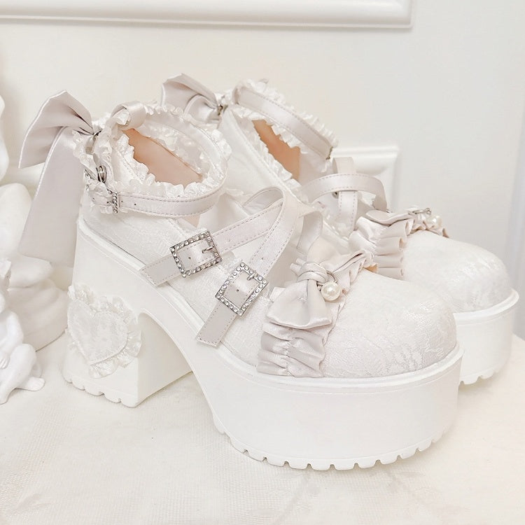 Gather Mary Rhinestone Accents Off-white Heel Edging High with Janes Clasp Block - Bow