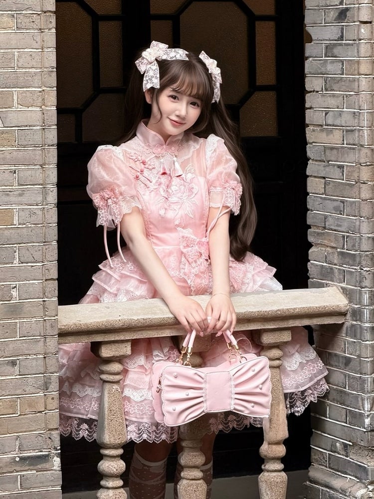 Sweet Lolita Bowknot Bag with Pearls & Lace - Sheep Puff Bag