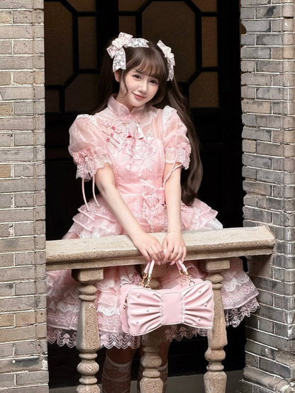 Sweet Lolita Bowknot Bag with Pearls & Lace - Sheep Puff Bag